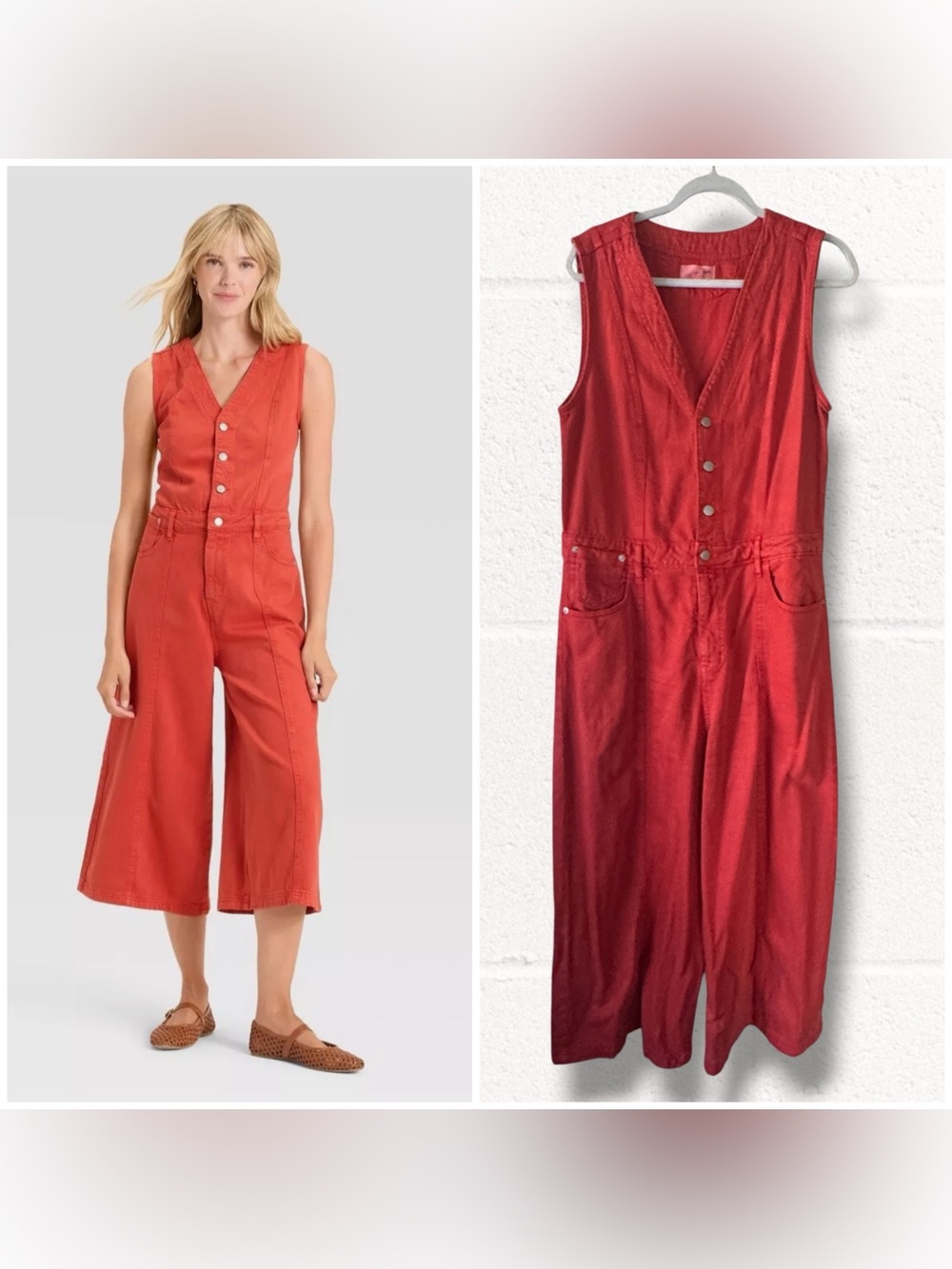 Universal Thread Rust Red Sleeveless Button-Front Wide-Leg Jumpsuit